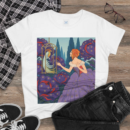 🦜💜 The Enchanted Birdcage Promenade Cotton Tee – Art Deco Floral Fantasy