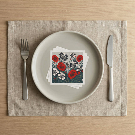 🌺🖤 The Scarlet And Ivory Blossom Garden Napkins – Elegant Botanical Floral Art