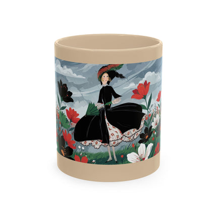 🌺☔ The Lady In The Stormy Flower Garden Ceramic Mug – Art Deco Fashion Elegance