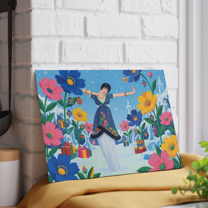 🌸❄️ The Lady Of The Enchanted Winter Garden Glass Cutting Board – Art Deco Holiday Fantasy