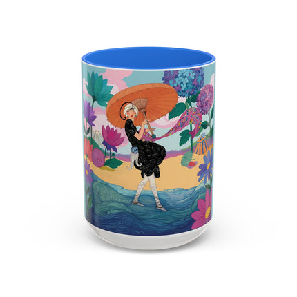The Lady Of The Coral Parasol Colorful Mugs – Art Deco Coastal Elegance