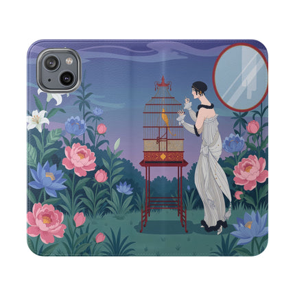 🐦🌸 The Lady And The Golden Bird Flip Case – Art Deco Floral Reverie