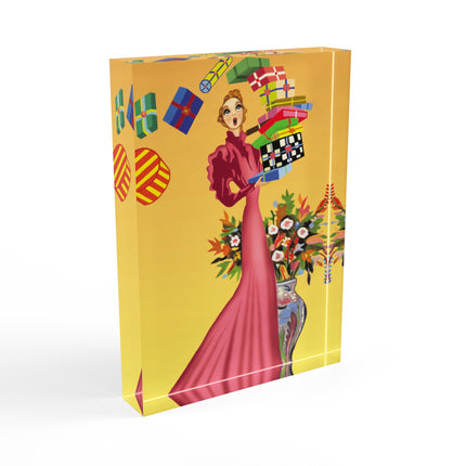 Elegant Holiday Woman with Gifts Acrylic Art Block