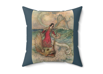 Rita Rides on the Dolphin by Warwick Goble Spun Polyester Square Pillow
