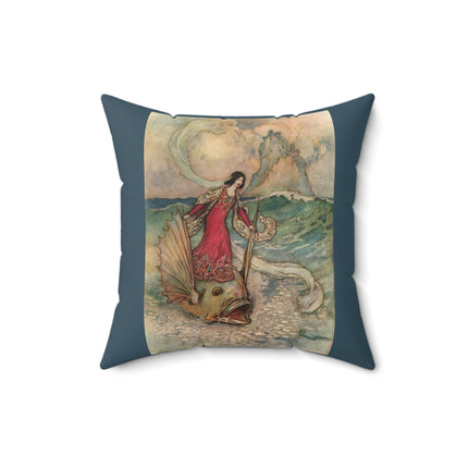 Rita Rides on the Dolphin by Warwick Goble Spun Polyester Square Pillow