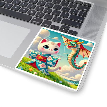 Geisha Kitten and the Dragon Kite Kiss-Cut Stickers (4 Sizes)