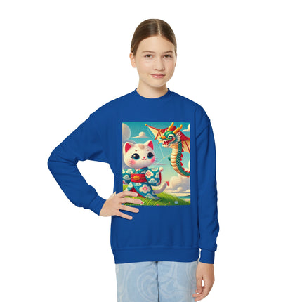 Geisha Kitten and the Dragon Kite Youth Crewneck Sweatshirt – Freedom, Motion & Playful Spirit
