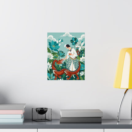 🐉🌿 The Lady Of The Enchanted Dragon Matte Vertical Poster – Art Deco Botanical Whimsy