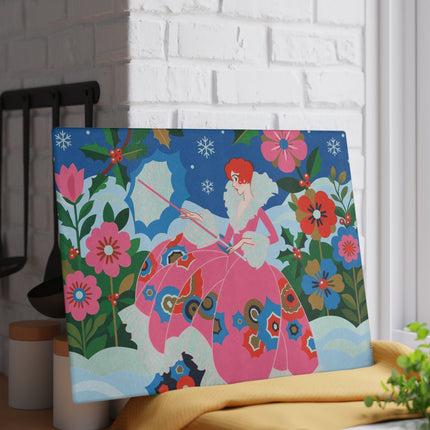 🌺❄️ The Lady Of The Enchanted Snow Glass Cutting Board – Art Deco Holiday Fantasy