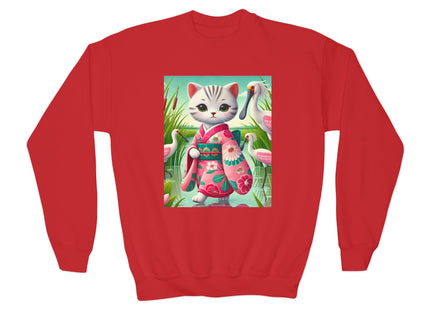 Geisha Kitten Strolls Among the Spoonbills Youth Crewneck Sweatshirt