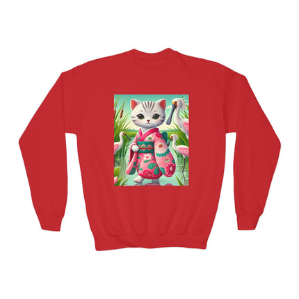 Geisha Kitten Strolls Among the Spoonbills Youth Crewneck Sweatshirt – Grace, Nature & Whimsical Elegance