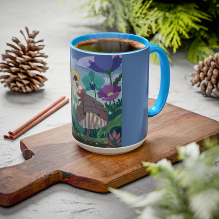 The Lady And The Enchanted Heron Colorful Mugs – Art Deco Botanical Elegance