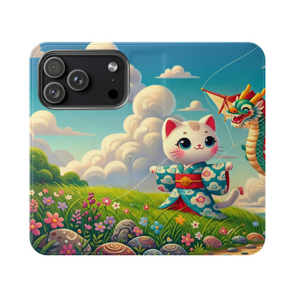 🪁🐉 Geisha Kitten and the Dragon Kite Flip Case – Joyful Flight & Dragon Spirit