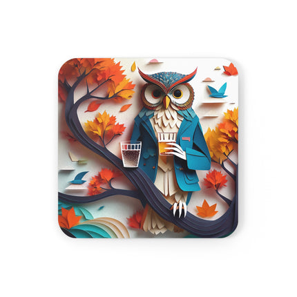 Owl at an Autumn Park Gathering Cork Back Coaster