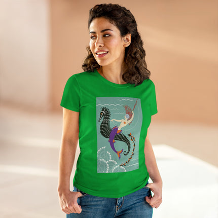 Mermaid on Seahorse Women's Midweight Cotton Tee – Dreamy Ocean Fantasy
