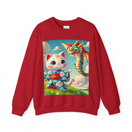 Geisha Kitten and the Dragon Kite Heavy Blend™ Crewneck Sweatshirt
