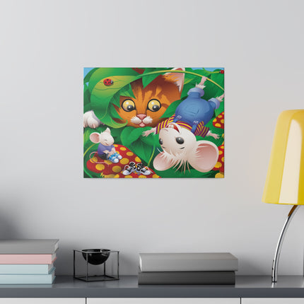 Whimsical Adventure – Playful Cat and Mice in a Colorful Forest