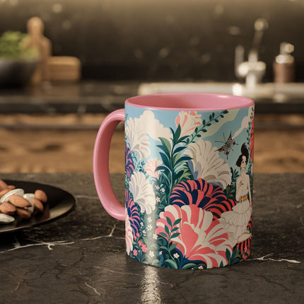 🌸🦋 The Enchanted Pink Blossom Retreat Colorful Mug – Art Deco Floral Whimsy