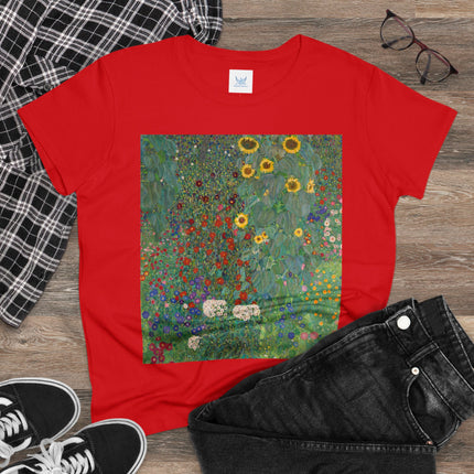 Farm Garden with Sunflowers by Gustav Klimt Women's Midweight Cotton Tee