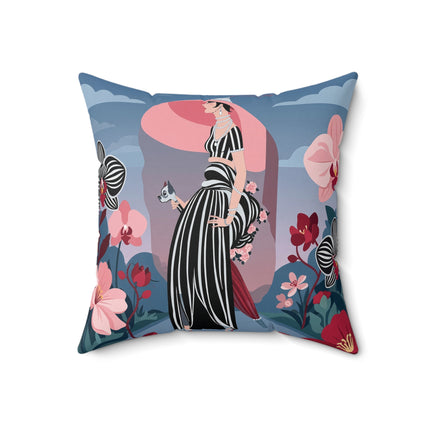 🖤🌸 The Lady Of The Striped Promenade Square Pillow – Art Deco Floral Elegance