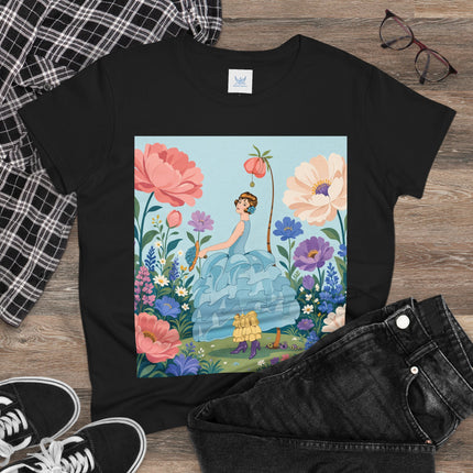 🌸🩵 The Blue Ruffle Garden Cotton Tee – Art Deco Floral Whimsy
