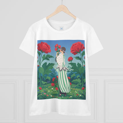 🌹🌿 The Scarlet Rose Garden Cotton Tee – Art Deco Floral Whimsy