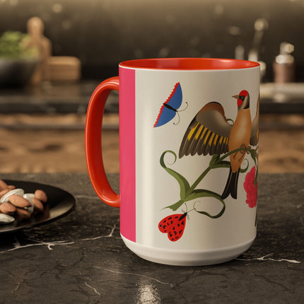 Goldfinch & Pink Flowers Colorful Mugs – Vibrant Spring & Bold Beauty
