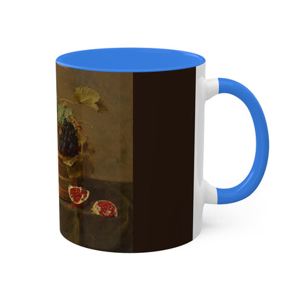 Basket of Grapes and a Pomegranate on a Table by Jacob van Hulsdonck Colorful Mugs, 11oz