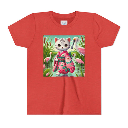 Geisha Kitten Strolls Among the Spoonbills Youth Short Sleeve Tee