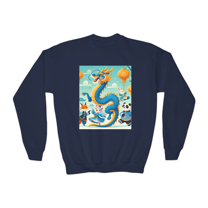 Blue & Gold Dragon Festival Parade Youth Crewneck Sweatshirt – Celebration, Color & Joyful Movement
