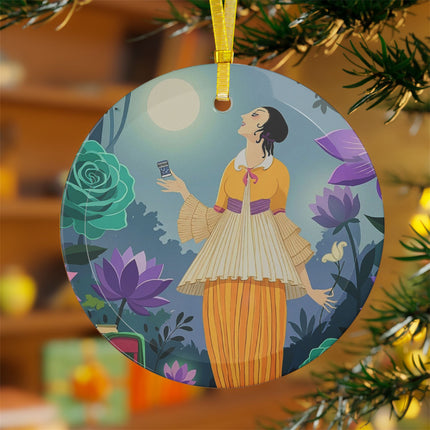 🌙🪷 The Lady Of The Moonlit Garden Glass Ornament – Art Deco Botanical Serenity