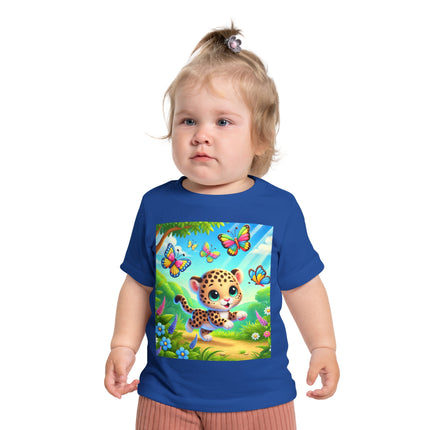 Butterfly Chase Leopard Cub Baby T-Shirt – Playful Adventure & Sunny Meadow Dreams