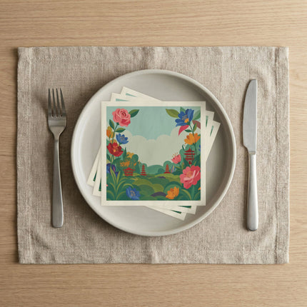 🌸🏯 The Enchanted Pagoda Flower Garden Napkins – Whimsical Oriental Botanical Art