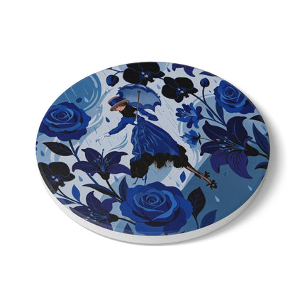 ☔💙 The Blue Rain Promenade Ceramic Coaster – Art Deco Floral Fashion