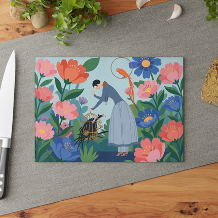 🌺🦜 The Lady Of The Enchanted Aviary Glass Cutting Board – Art Deco Floral Garden