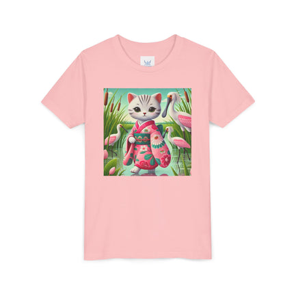Geisha Kitten Strolls Among the Spoonbills Youth Short Sleeve Tee