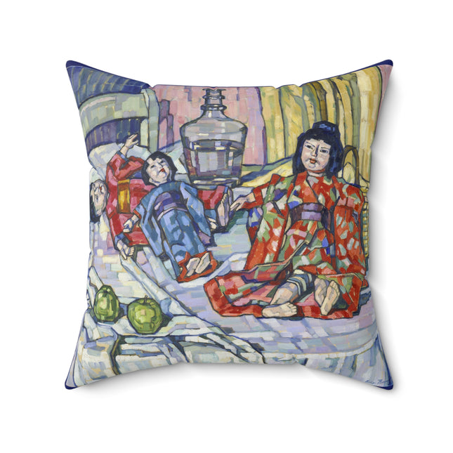 Japanese Dolls With Apples by Eugenie Bandell Spun Polyester Square Pillow