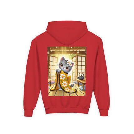 Playful Kitten in the Tea Room Youth Hooded Sweatshirt – Curiosity, Charm & Cozy Comfort