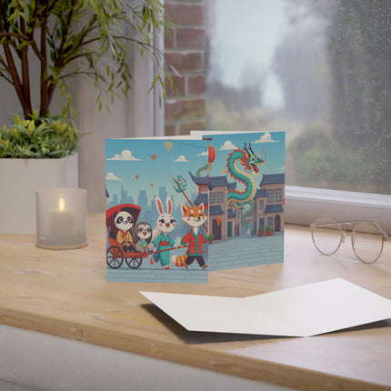 🐉🏮 The Dragon Rickshaw Parade Greeting Card – Whimsical Animal Adventure