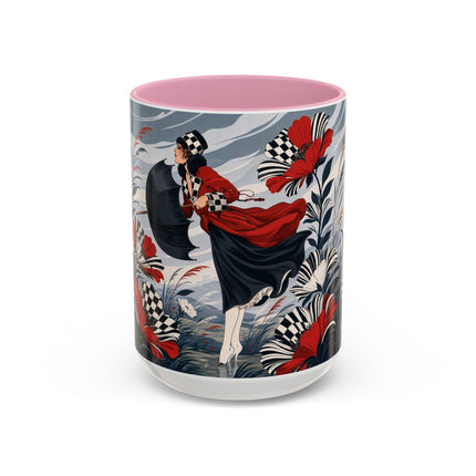 ☔🌹 The Scarlet Checkerboard Rainstorm Colorful Mug – Art Deco Floral Elegance