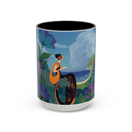 The Lady And The Sea Breeze Colorful Mugs – Art Deco Coastal Serenity