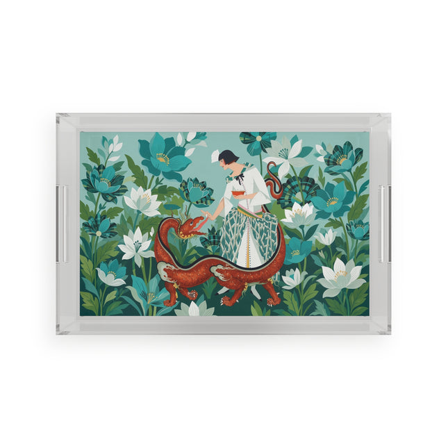 🐉🌿 The Dragon Keeper Acrylic Serving Tray – Art Deco Floral Fantasy