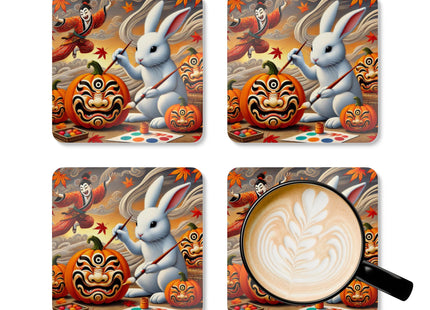 Halloween Rabbit’s Kabuki Jack-o’-Lanterns Corkwood Coaster Set