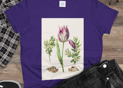 Tulip flower with Two Branches of Myrtle and Shells Cotton Tee