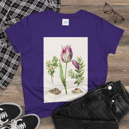 Tulip flower with Two Branches of Myrtle and Shells Cotton Tee