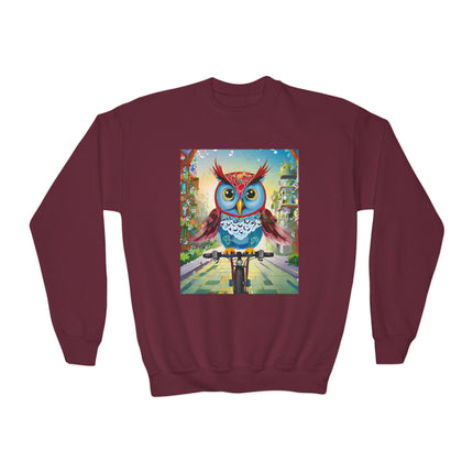 Cycling Owl Youth Crewneck Sweatshirt – Urban Adventure & Playful Motion