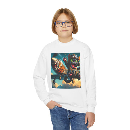 Parachuting Cat Commando Youth Crewneck Sweatshirt – High-Flying Adventure & Bold Fun