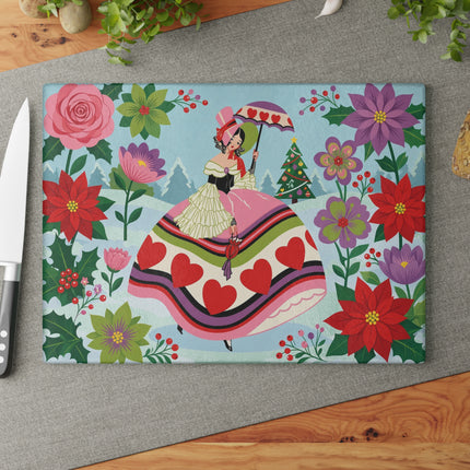 ❤️🌺 The Lady Of The Christmas Heart Garden Glass Cutting Board – Art Deco Holiday Romance