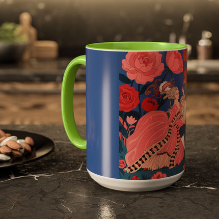 The Lady And The Scarlet Macaw Colorful Mugs – Art Deco Floral Elegance