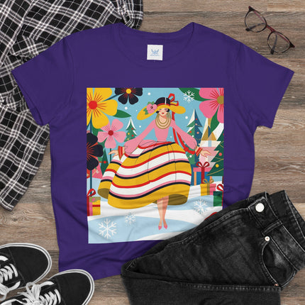 🎄🌸 The Christmas Blossom Belle Cotton Tee – Art Deco Holiday Whimsy